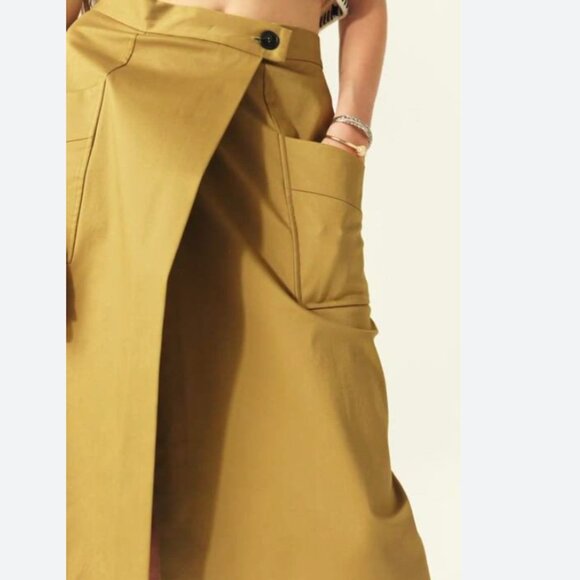NWT BA&SH BASTIEN KNEE LENGTH WRAPOVER SKIRT IN KHAKI - Picture 5 of 7